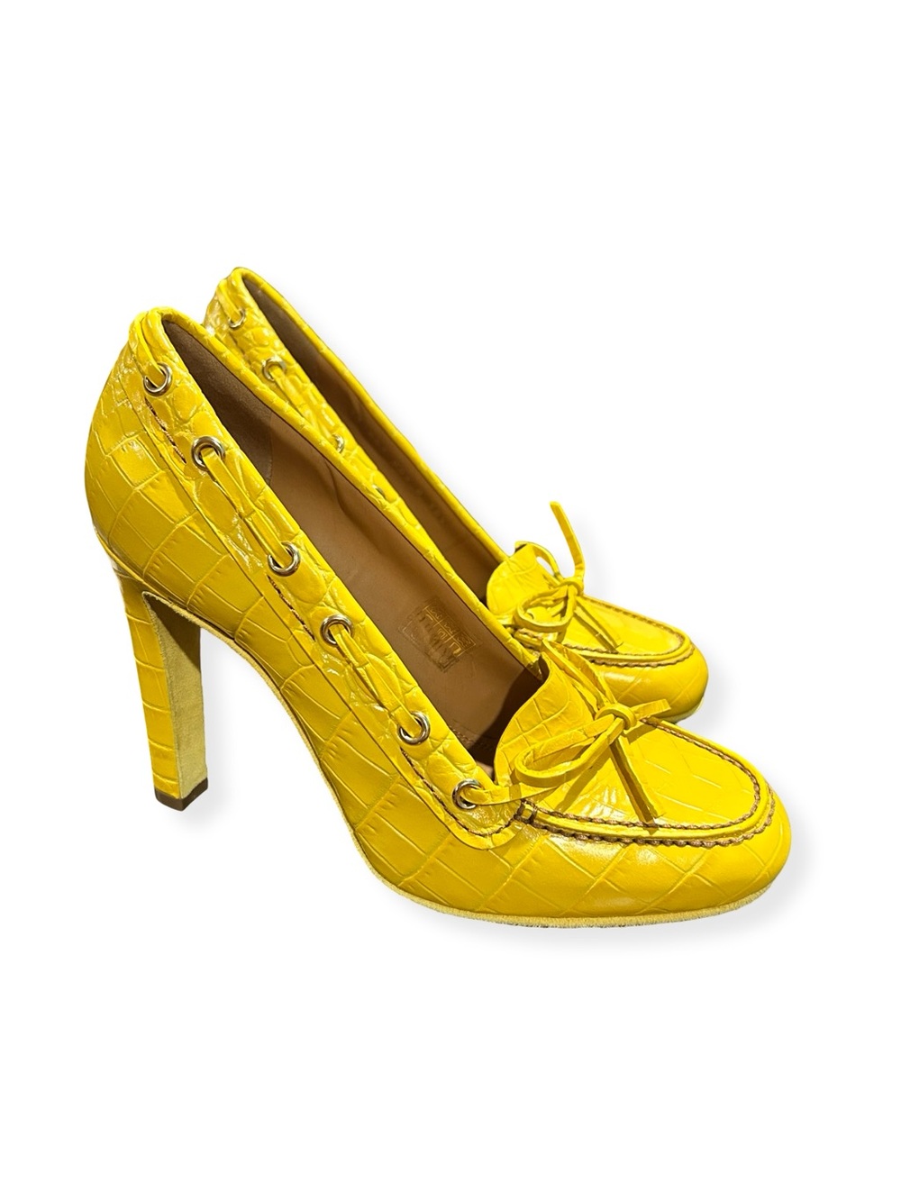 Ralph Lauren Purple Label Yellow Croc-Embossed Lorean Leather High Heel Loafers